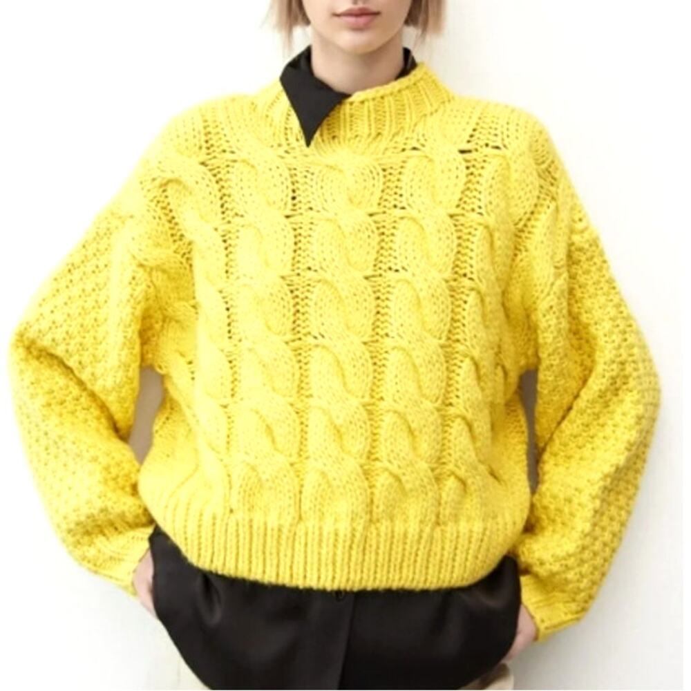 Zara Cable Knit Mock Neck Sweater Size Small Yellow Cozy Soft Fall Winter NWOT